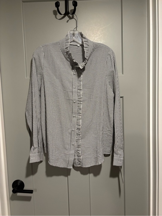 Tops - Striped Ruffle-Front Long Sleeve Shirt - Black & White